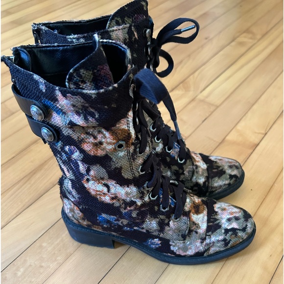 Sam Edelman Black Floral Print Lace Up Moto Combat Boots Size 8 - Picture 2 of 9